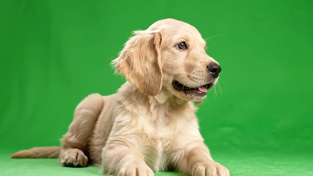 Adorable golden retriever puppy sitting and tilting its head curiously against a solid green screen background for compositing