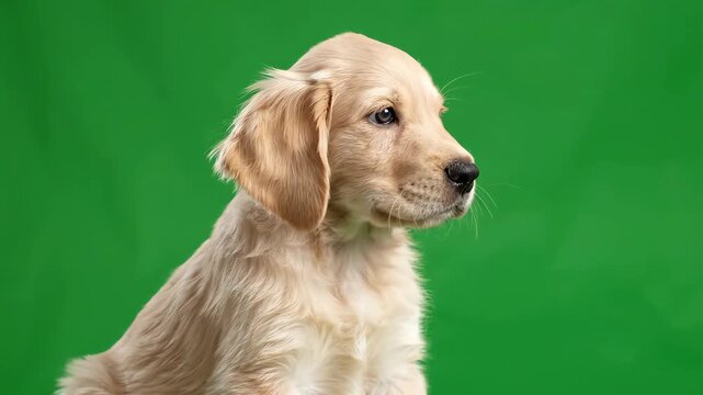 Adorable golden retriever puppy sitting and tilting head curiously against a professional chroma key green screen background