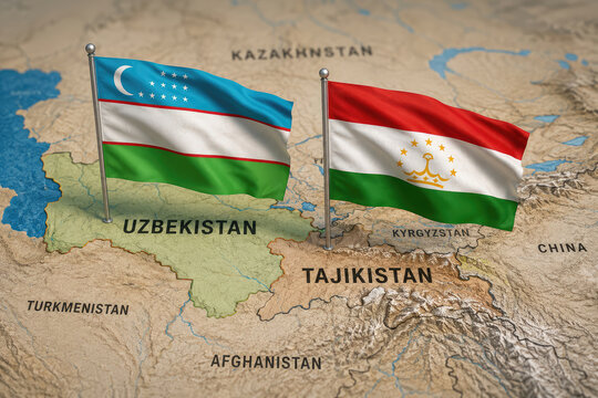 Uzbekistan and Tajikistan Flags on Central Asia Political Map