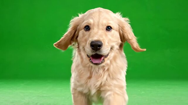 Adorable golden retriever puppy running energetically towards camera on chroma key green screen background