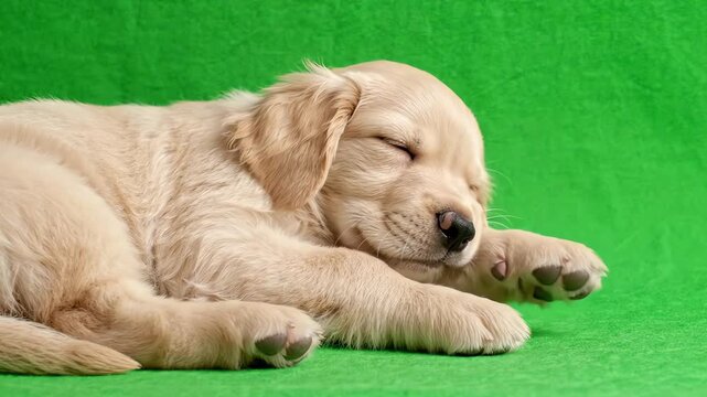 Adorable golden retriever puppy sleeping peacefully on a bright green screen background with gentle breathing and occasional paw twitching motion