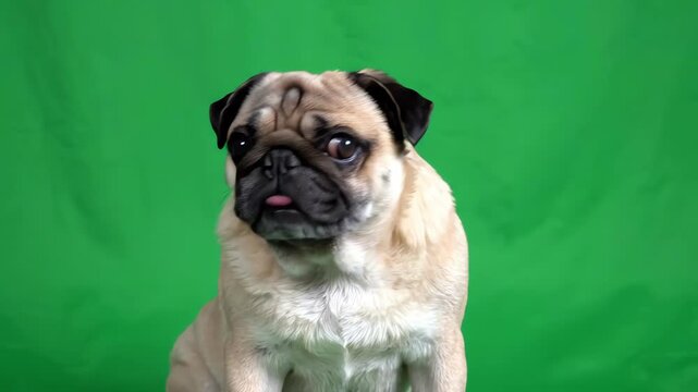 Adorable pug dog with expressive face tilting its head and sniffing while sitting against a professional chroma key green screen background