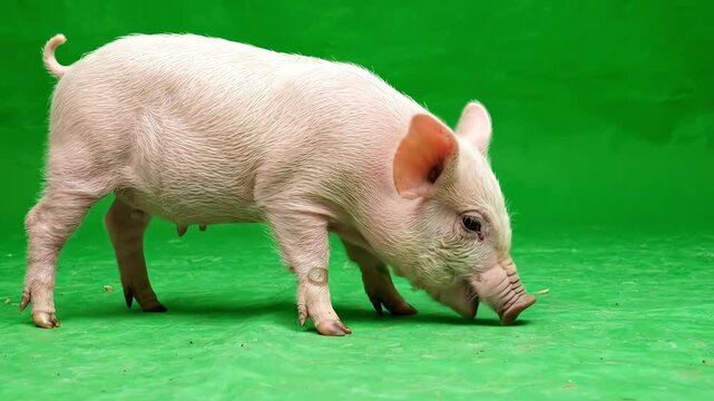 Adorable pink piglet walking slowly across a bright chroma key green screen background and sniffing around