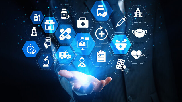 Online pharmacy icons showing medicine, healthcare, prescription and medical services with digital pharmacy, online drugstore, telemedicine and modern pharmaceutical solutions. Gist