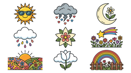 Fototapeta premium Weather phenomena and celestial sky symbols collection.