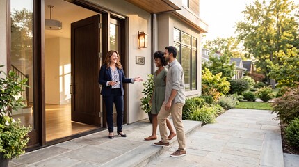 Fototapeta premium Professional Real Estate Agent Welcoming Young Couple to Modern Home Showing