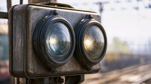 Macro close-up of a weathered railway colour-light signal head with two ribbed glass lenses reflecting bright sunlight against blurred tracks