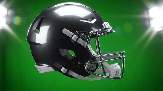 American football helmet rotating on a green screen background with metallic finish and chrome facemask reflecting studio lights