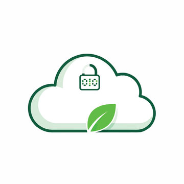 Eco-friendly Cloud Computing Security Icon Featuring a Green Leaf and Digital Lock Symbol for Sustainable Technology