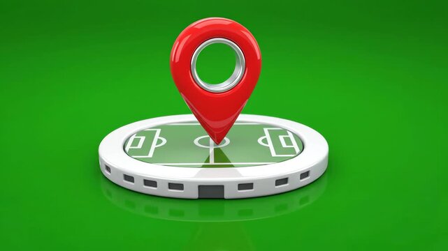 Animated 3D digital location marker pin dropping onto a sports stadium field icon on a bright green screen background for easy keying