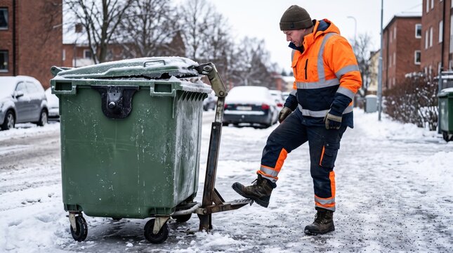 Sanitation worker in winter clothing operates a large trash bin on a snowy street