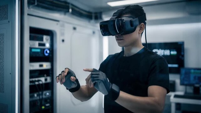 VR user in a training simulation module interacting with virtual controls inside a booth main figure sharply focused against a subtly outoffocus tech environment.