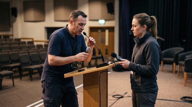 Technicians setting up microphones and audio equipment on a podium in an empty conference hall