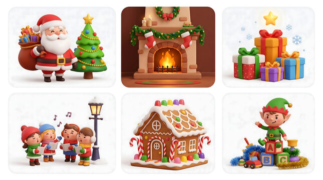 3D Christmas icon set featuring Santa fireplace gifts carolers elf