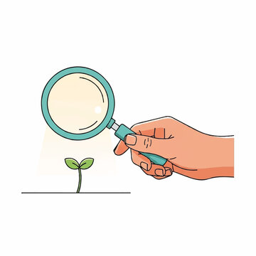 Hand holding a magnifying glass inspecting a growing green sprout, representing discovery and nature