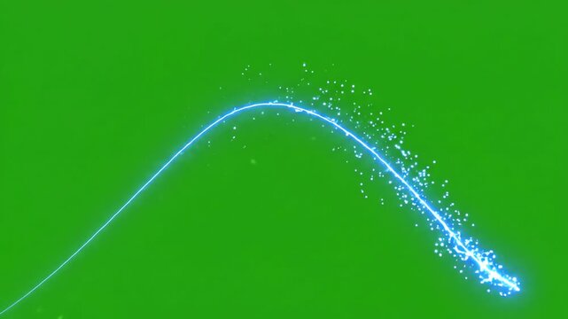 Animated neon sports trajectory line tracing a curved projectile motion path on green screen background