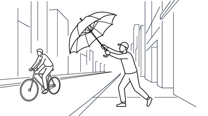 Fototapeta premium Man cycling past person with umbrella.