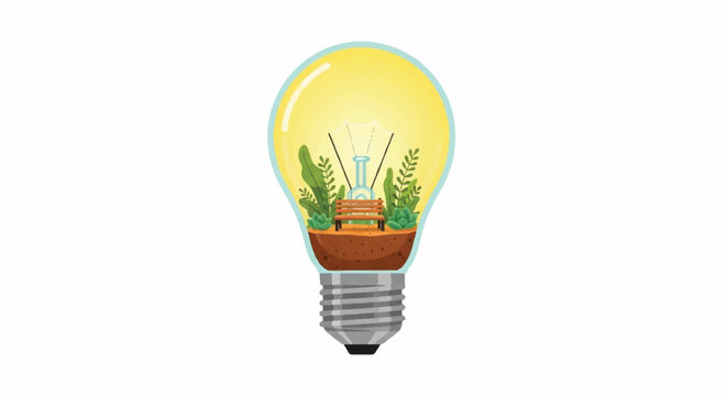 Sustainable eco friendly lightbulb illustration with park bench and lush greenery representing green innovative energy ideas and nature conservation