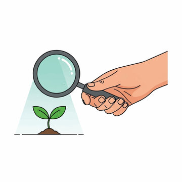 Hand Holding Magnifying Glass Examining Small Green Plant Sprout Illustrating Scientific Nature Research Concept