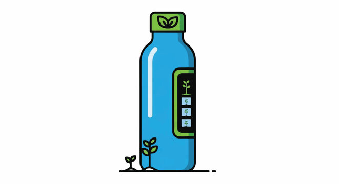 Eco-friendly blue water bottle illustration with green leaf motifs for sustainable lifestyle and nature conservation