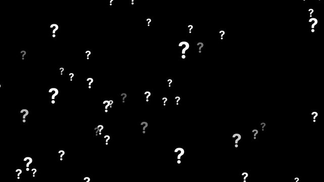 Animation of a lot of white question mark moving on Black background motion graphic effects. animation of a lot of white question mark moving on chroma key. Question marks flying animated.