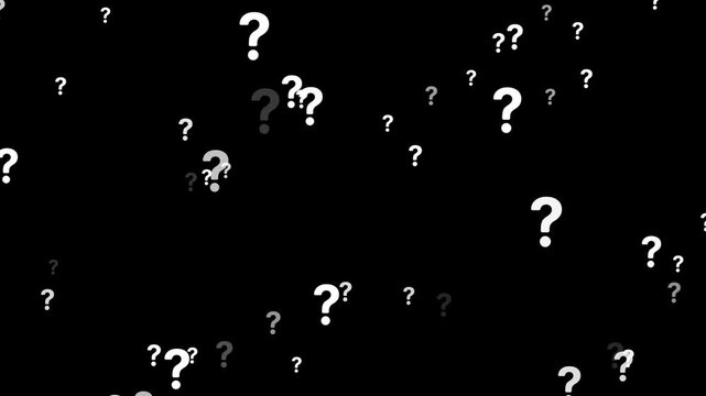 Animation of a lot of white question mark moving on Black background motion graphic effects. animation of a lot of white question mark moving on chroma key. Question marks flying animated.