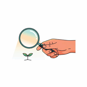 Hand holding magnifying glass looking at small plant sprout illustration vector concept of growth analysis, nature research, and environmental study