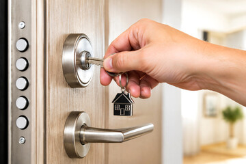 Fototapeta premium Hand Unlocking Front Door with Key: Home Security and Real Estate Concept