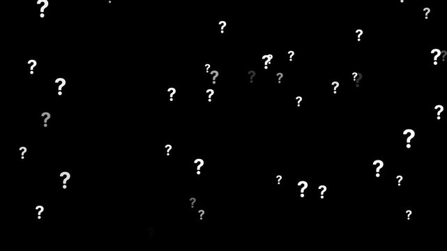 Animation of a lot of white question mark moving on Black background motion graphic effects. animation of a lot of white question mark moving on chroma key. Question marks flying animated.
