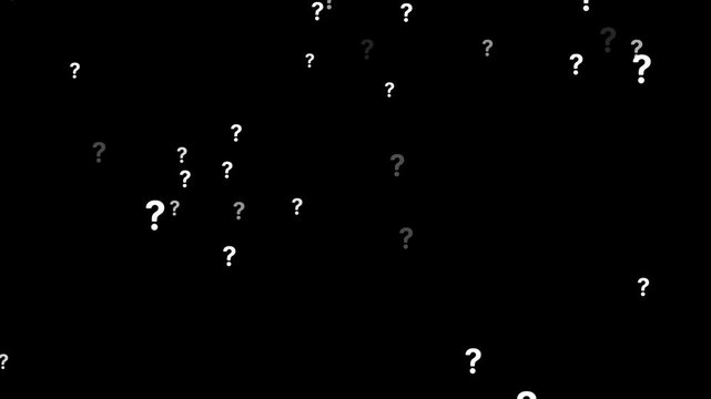 Animation of a lot of white question mark moving on Black background motion graphic effects. animation of a lot of white question mark moving on chroma key. Question marks flying animated.