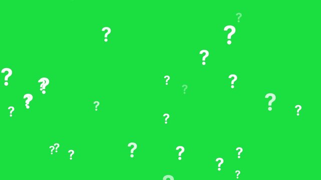 Animated question marks on Green screen background, question mark flying in air. Pop up animated video of the question symbol with a green screen background. Question mark animation on green screen.