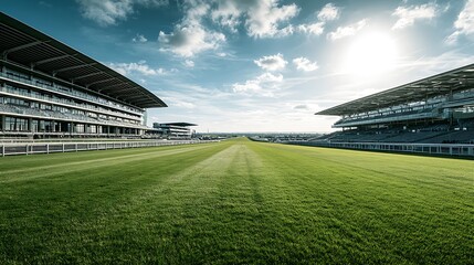 Naklejka premium Empty grass racecourse with modern spectator stands under a bright sky. Perfect for horse racing and sports event.