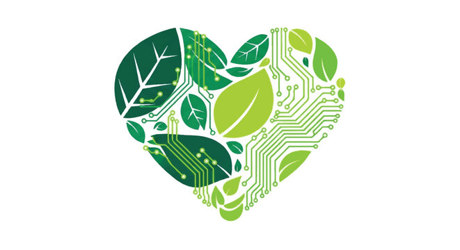 Green technology heart vector concept with leaves and circuit board pattern for eco friendly technology and sustainable digital innovation