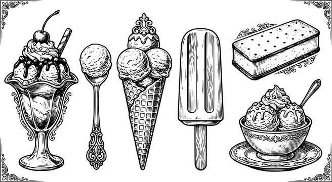 Vintage engraving style ice cream collection featuring sundae, scoop, waffle cone, popsicle, sandwich, and bowl on white.
