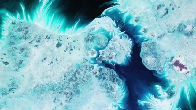 It displays a blend of light blue, cyan turquoise, dark blue, and white hues flowing and crystallizing into organic, cell-like shapes.