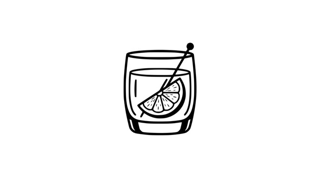 Minimalist cocktail drawing with lemon slice and toothpick on white background