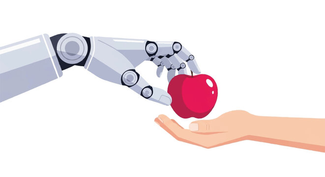 Robotic Hand Giving a Fresh Red Apple to a Human Hand Symbolizing Technology and Human Care