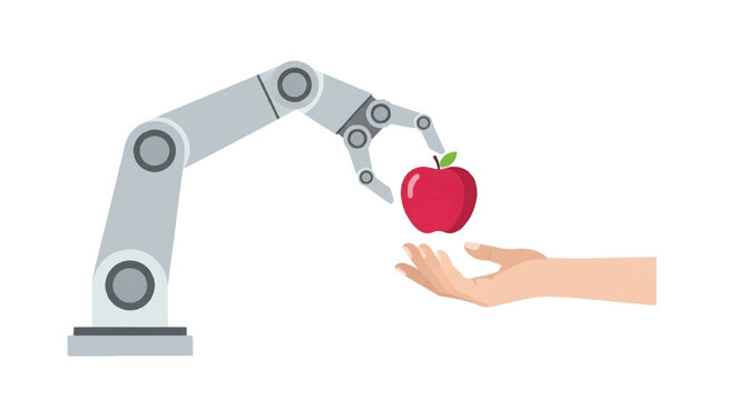 Robotic arm handing a fresh red apple to a human hand illustration