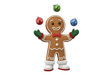 Fototapeta premium 3D gingerbread man juggling colorful Christmas ornaments on white