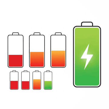 Set of battery charge level indicator icons showing low medium and full power status with lightning bolt charging sign