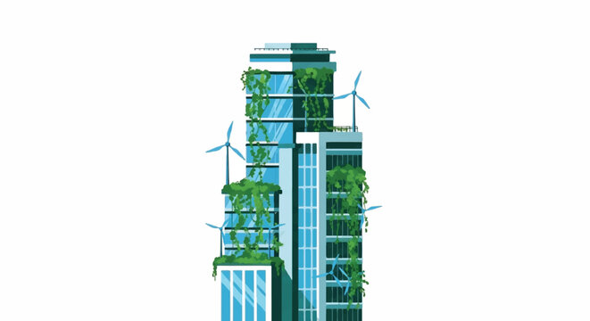 Sustainable eco-friendly green skyscraper with vertical gardens and integrated wind turbines representing clean energy and future urban design