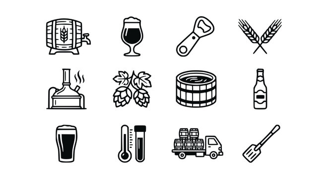 Beer Brewing Icons: Barrel, Hops, Wheat, Glass, Bottle, Truck, Mash Tun, Spatula