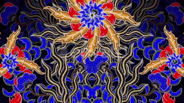 It displays gold, red, and dark blue floral ornaments moving smoothly in a symmetrical, circular motion against a dark background.