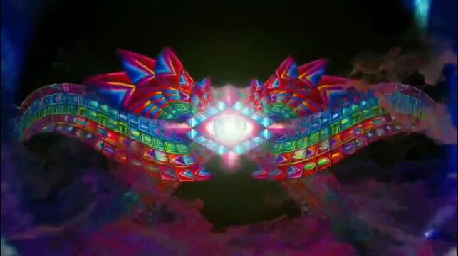 A colorful and hypnotic psychedelic animation. It begins with a complex, brightly glowing kaleidoscopic tunnel, then transforms into stunning, neon-accented symmetrical geometric structures.