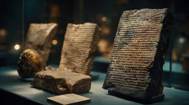 Ancient inscribed stone tablets displayed in museum glass case