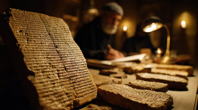 Ancient inscribed clay tablets on scholar&rsquo;s desk in warm lamplight