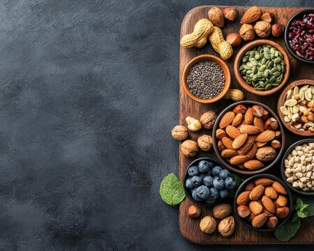 Balanced snack board with nuts, fruits, and seeds, healthy snacking for energy