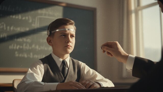Boy with metal headband undergoing brain experiment in classroom. Student under mind control testing. Sci-fi concept of psychological analysis and subconscious influence on pupil.