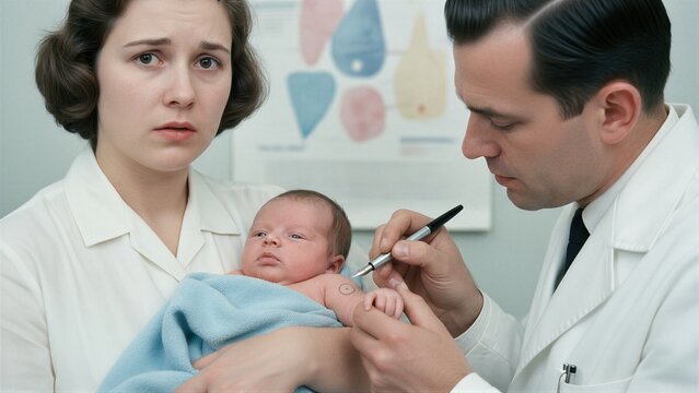 Doctor marking child arm with pen while woman holds baby. Medical control and implantation theme. Science fiction dystopia concept depicting forced human identification and bioethics study.