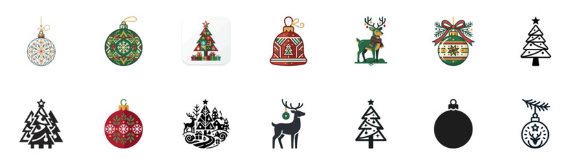 Fototapeta premium Christmas Icons: Ornaments, Trees, Reindeer, Bells - Festive Pixel Art Collection